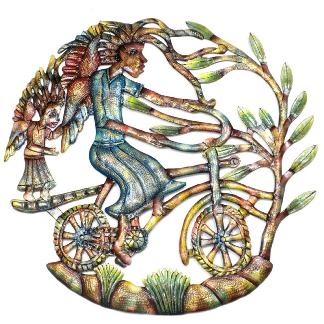 Angels on Bicycle - Hand Painted 24-inch Metal Wall Art